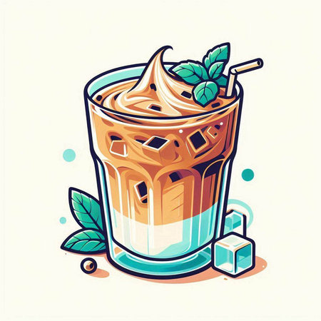 Iced coffee with whipped cream and mint leaves. Vector illustration.のイラスト素材