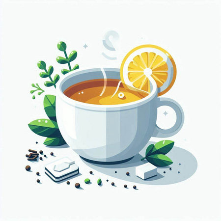 Cup of tea with lemon, mint leaves and sugar. Vector illustration.のイラスト素材