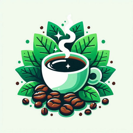 Coffee cup with green leaves and steam. Vector illustration.のイラスト素材