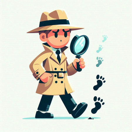 Vector illustration of a detective with a magnifying glass and footprints.のイラスト素材