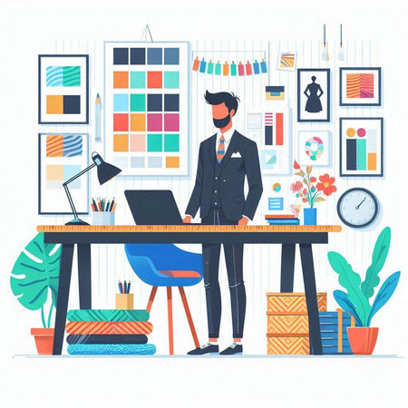 Businessman working at home office. Vector illustration in flat style.のイラスト素材
