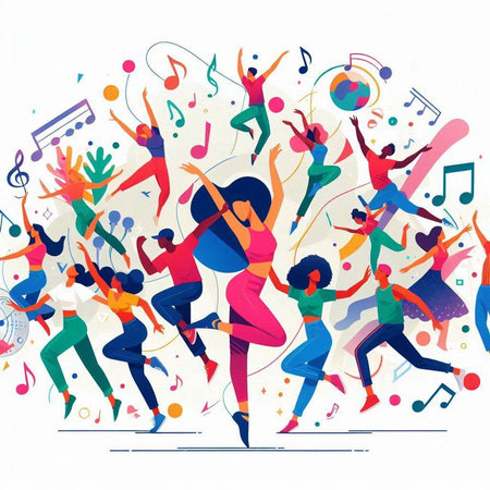 Dancing people. Colorful vector illustration in flat cartoon style.のイラスト素材