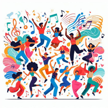 Dancing people. Cheerful young men and women with musical notes. Vector illustrationのイラスト素材