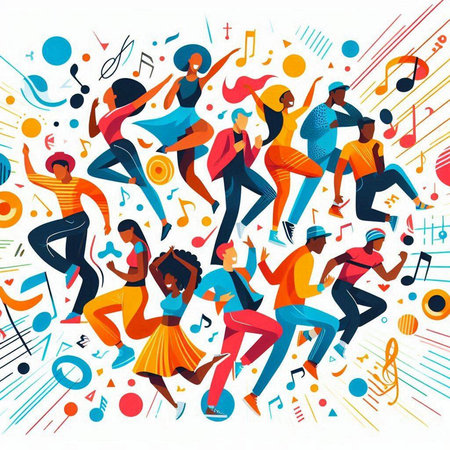 Dancing people. Vector illustration in flat style. Group of young people.のイラスト素材