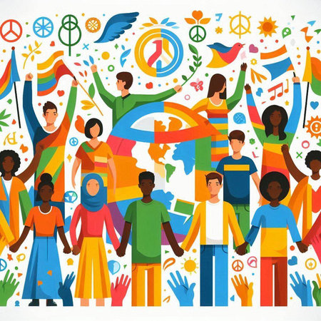 Group of people with different nationalities and national symbols. Vector illustration.のイラスト素材