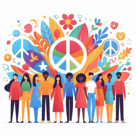 People with peace sign. Vector illustration in flat style. World peace day concept.のイラスト素材