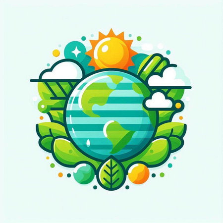 Ecology concept. Vector illustration of green planet with leaves and sun.のイラスト素材