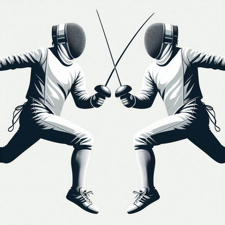 illustration of two fencing players in action on a white background.のイラスト素材