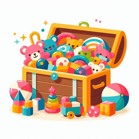 Wooden box with toys. Vector illustration in a flat style.のイラスト素材