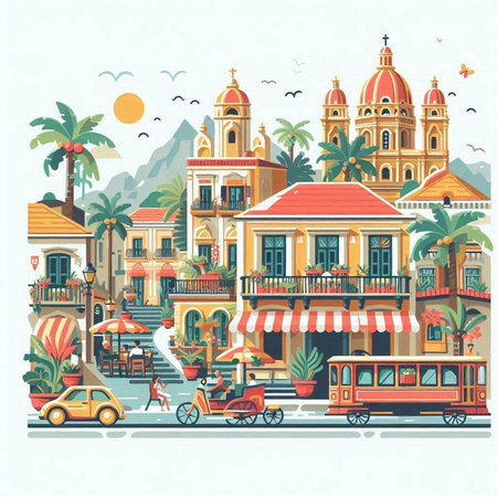 Cafe and restaurant in the old town. Colorful vector illustration.のイラスト素材