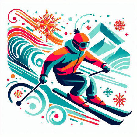 Vector illustration of skier skiing in the mountains. Winter sports background.のイラスト素材