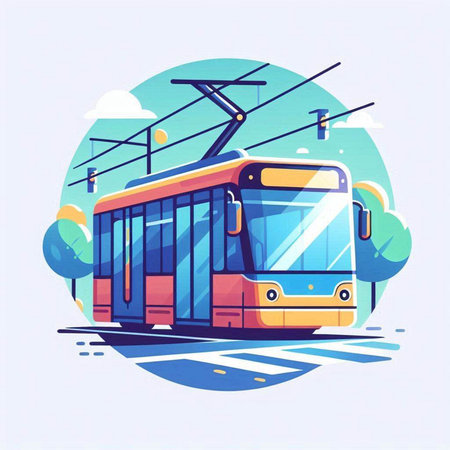 Tram in the city. Vector illustration in a flat style.のイラスト素材