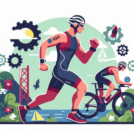 Cyclists in sportswear on the road. Vector illustrationのイラスト素材