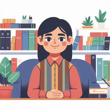 Young woman sitting at desk in office. Vector illustration in flat style