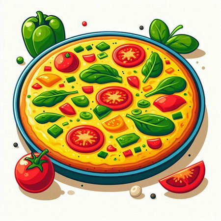 Pizza with tomato, green onion, pepper and basil. Vector illustration.のイラスト素材