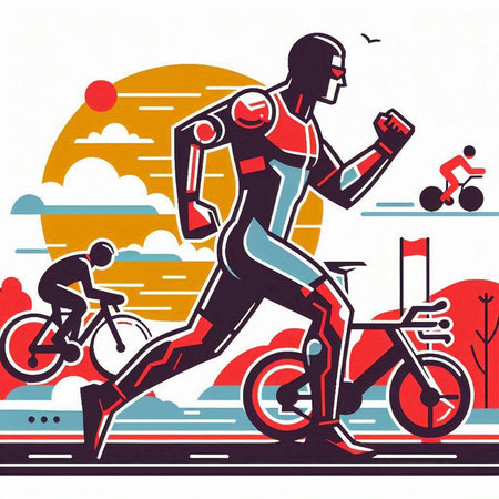 Cyclist running on the road, vector illustration in retro styleのイラスト素材
