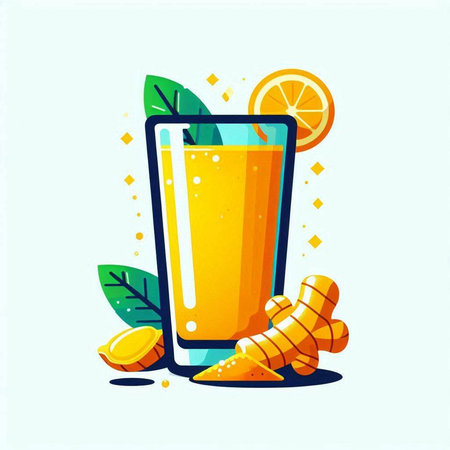 Orange juice in a glass with ginger, turmeric and lemon. Vector illustration.のイラスト素材