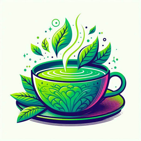 Cup of green tea with leafs and leaves. Vector illustration.のイラスト素材