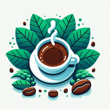Coffee cup with leaves and coffee beans. Vector illustration.のイラスト素材