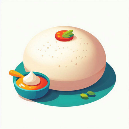 Illustration of a round puffed rice cake with tomato sauce and basilのイラスト素材