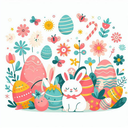 Cute Easter bunny with colorful eggs and flowers. Vector Illustrationのイラスト素材