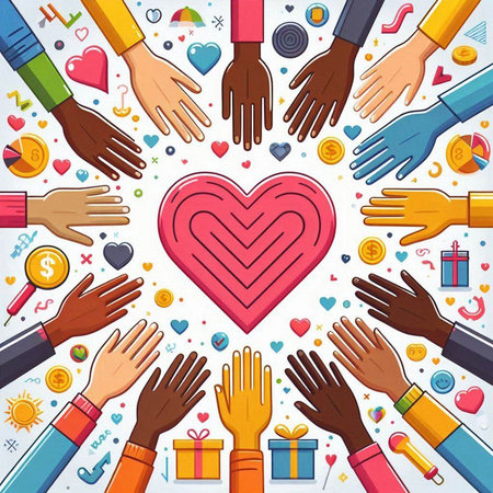 Hands of diverse people around a red heart. Vector illustration.のイラスト素材