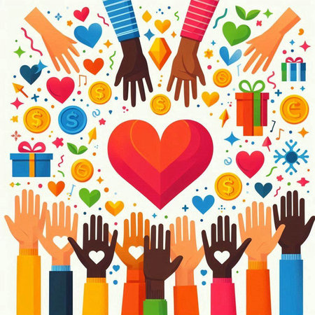 Hands of diverse people giving heart shape to each other, vector illustration