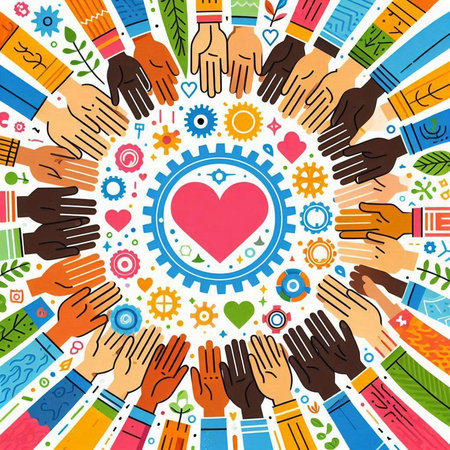 Hands of diverse people with heart and cogs. Vector illustration.のイラスト素材