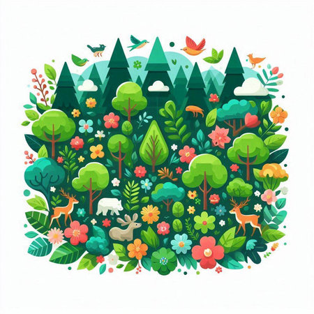 Vector illustration of forest with flowers, trees, birds and animals.
