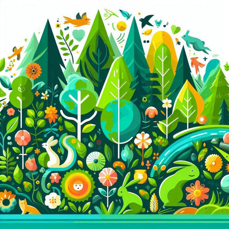 Vector cartoon illustration of forest landscape with animals, birds and flowers.のイラスト素材