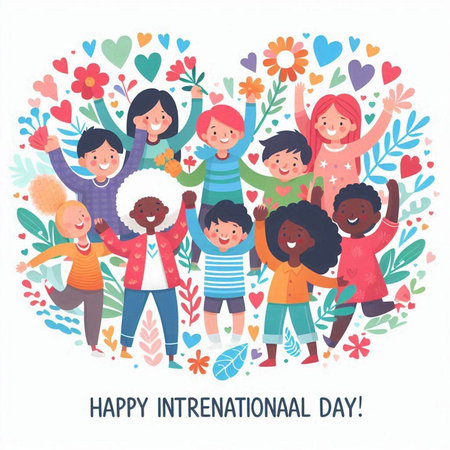 Happy international children day greeting card with group of happy kids holding hands and smiling together.のイラスト素材