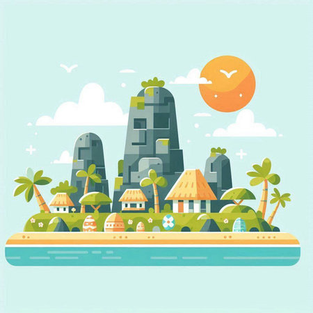 Flat design vector illustration concept of tropical island with palm trees and housesのイラスト素材