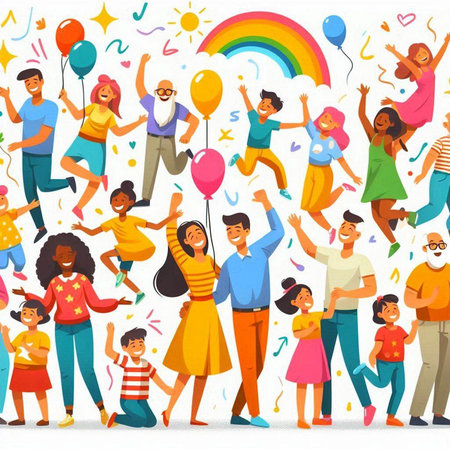 Happy family with children and balloons. Vector illustration in cartoon style.のイラスト素材
