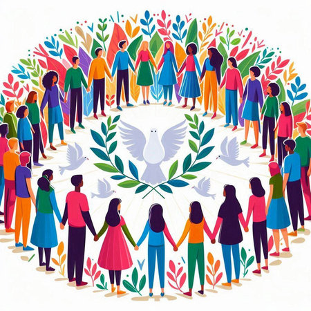 Circle of people holding hands. Colorful vector illustration for your designのイラスト素材