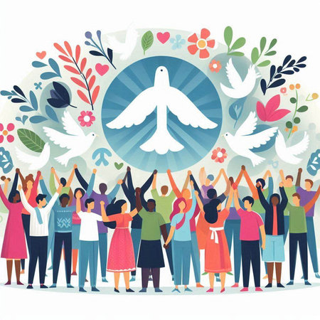 International Day of Peace. Group of people with peace dove. Vector illustration.のイラスト素材