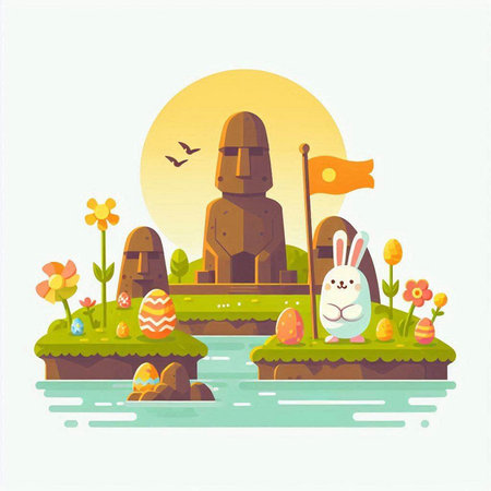 Easter egg hunt with bunny and eggs. Vector illustration in flat styleのイラスト素材