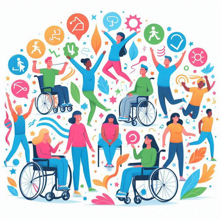 Disabled people concept. People with disabilities in wheelchair. Vector illustrationのイラスト素材