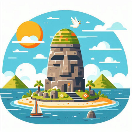 Tropical island with palm trees in flat style. Vector illustration.のイラスト素材