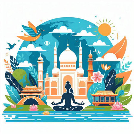 Vector illustration of a girl meditating in lotus position on the background of the Taj Mahal.のイラスト素材