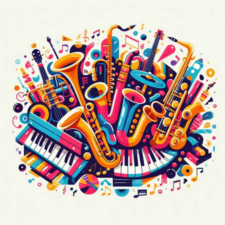 Colorful music doodles background. Vector illustration with musical instruments.のイラスト素材