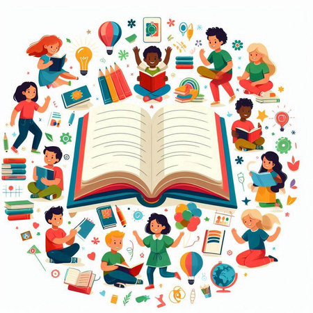 Happy children reading books in the library. Flat design vector illustration.のイラスト素材