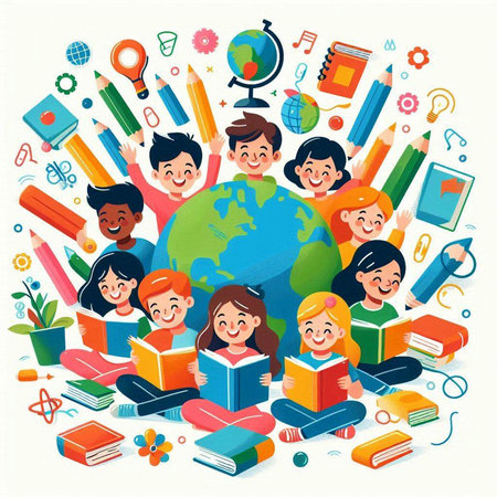 Group of happy children with books and globe. Back to school. Vector illustration.のイラスト素材