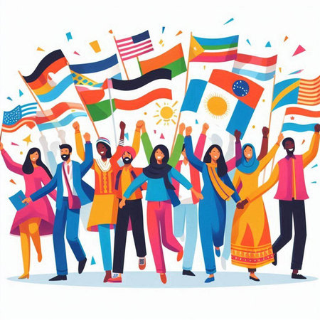 Group of happy people holding flags of different countries, flat vector illustration.のイラスト素材