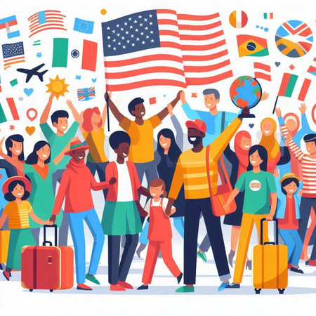 People with United States flags vector illustration. Crowd of people with american and brazilian symbols.のイラスト素材
