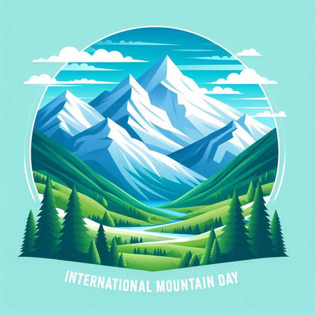 International Mountain Day. Poster or banner with mountains and forest. Vector illustrationのイラスト素材
