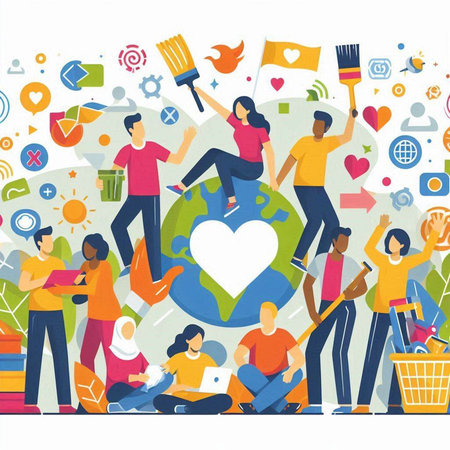 Group of people with social media icons. Flat design vector illustration.のイラスト素材