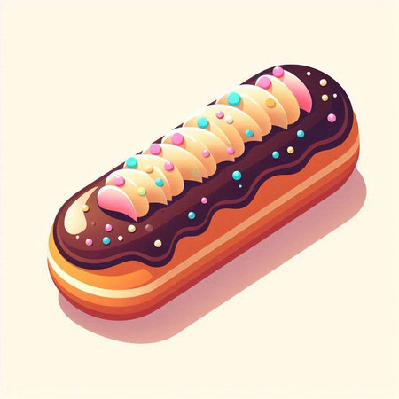 Chocolate eclair with icing and colorful sprinkles. Vector illustration.
