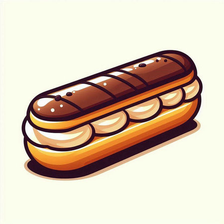 Illustration of a hot dog with chocolate on a white background.