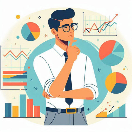 Thoughtful businessman standing in front of infographics. Vector illustration.のイラスト素材