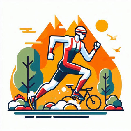 Cyclist running in autumn forest. Vector flat design illustration.のイラスト素材